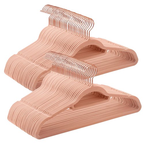 SONGMICS Velvet Hangers, Set of 60 Clothes Hanger with Rose Gold Swivel Hook, Non-Slip, and Space-Saving, 0.2-Inch Thick, 17.1-Inch Long for Coat, Shirt, Dress, Pants, Tie, Coral Pink UCRF0021R01