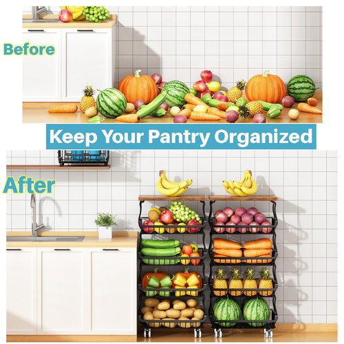 5 Tier Vegetable Fruit Basket for Kitchen, Stackable Metal Fruit and Vegetable Storage Baskets with Rolling Wheels Cart, Pantry organizers and storage for Kitchen Bathroom Livingroom Laundry room Cart