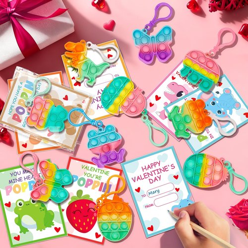 Jumlys Valentines Day Cards for Kids School, 24 Pack Pop Fidget Keychains Bulk, Valentine Day Party Favors for Boys Girls, Ideal Exchange Cards for Classroom
