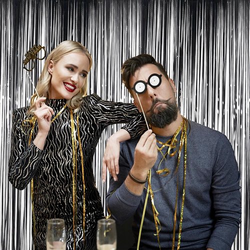 Melsan Black Tinsel Fringe Backdrop Curtains - 3.2 x 8 Ft Photo Backdrop for Parties | Pack of 2