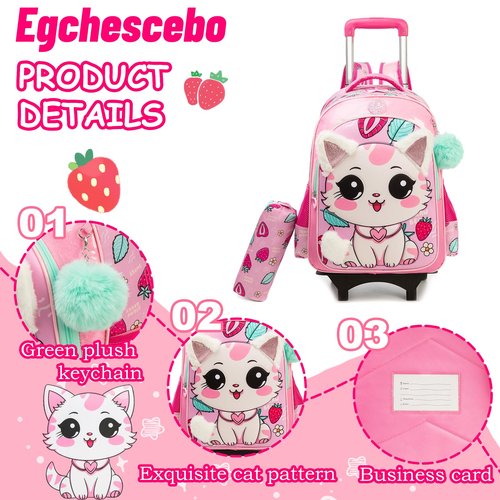 Egchescebo Kids Rolling Plush cat Backpack for Girls Trolley Suitcases Luggage Travel with Wheels Detachable Wheeled 17" 3PCS Roller Backpacks Set Toddler Back Pack School Bags for Elementary Pink
