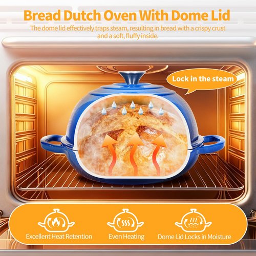 ONKO Dutch Oven For Sourdough Bread Baking, 6QT Enameled Cast Iron Dutch Oven Pot With Lid, Non-stick Sourdough Baking Pan with Bread Dome, Round Ceramic Dutch Ovens Pot with Cloche for Homemade