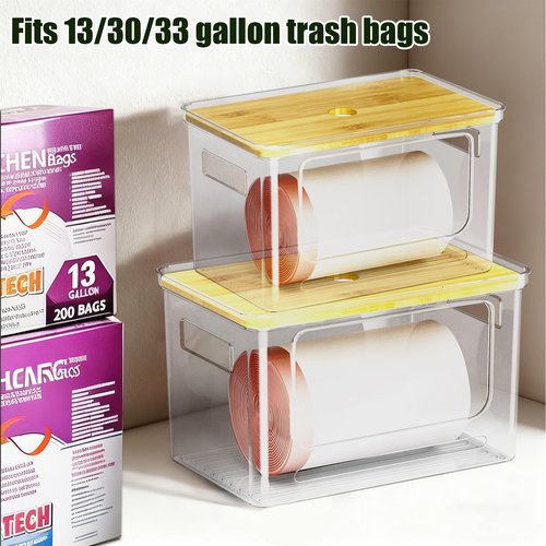 2 PACK Trash Bag Holder With Bamboo Top,Trash Bag Dispenser Roll Holder for Kitchen Pantry Cabinet Counter Under Sink Laundry Room Organizers