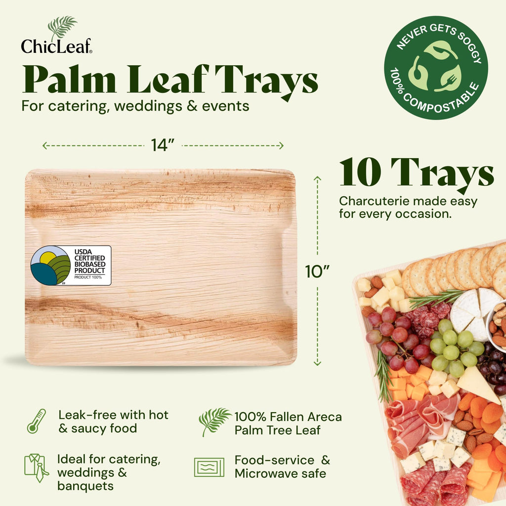 Chic Leaf Palm Leaf Serving Trays - 10x14 in, 10 Pack, Compostable