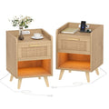 Keehusux Night Stands Set of 2, 13.8"W Nightstands with Charging Station, Boho End Table with LED Lights, Rattan Bed Side Table with Drawer & Metal Handle, Solid Wood Feet, for Bedroom, Dorm, Natural