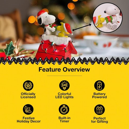 Mark Feldstein Peanuts Snoopy's Dog House Figurine - LED Christmas Lights, Red, 7.5 Inch