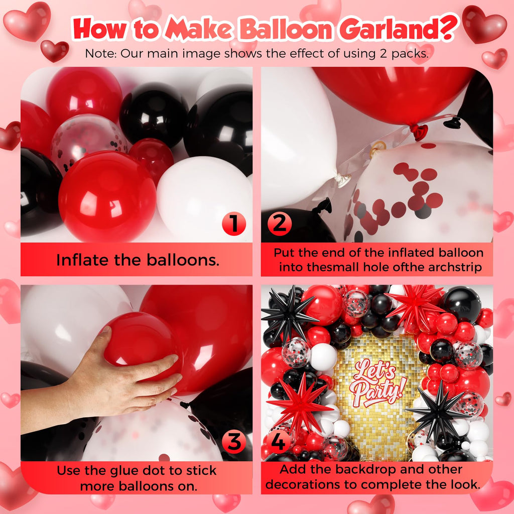 PTGOLUO Red and Black Balloon Arch Garland Kit 153pcs with Star, 22 18 12 10 5in Different Size Red and Black White Latex Balloons for Birthday Graduation Racing Car Poker Card Party Decoration
