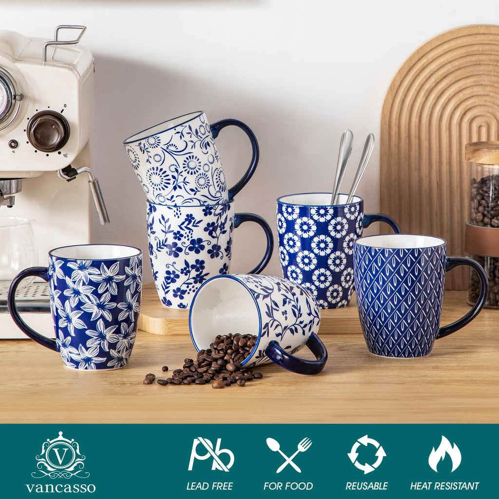 vancasso SELENE Large Coffee Mugs Set of 6, 16 Oz Porcelain Coffee Cups with Handle, Ceramic Tea Cup for Cappuccino, Latte, Tea, Cocoa, Dishwasher & Microwave Safe Gift Sets, Vintage Blue