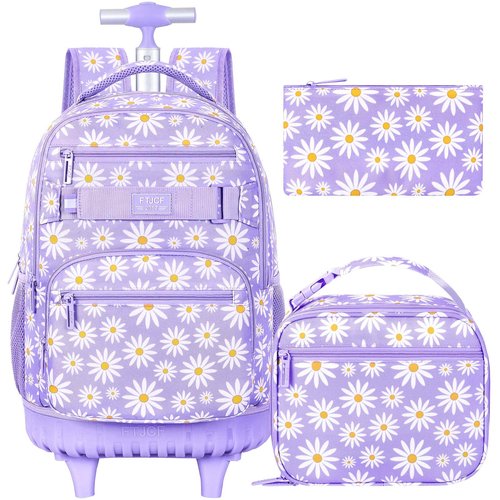 Girls Rolling Backpack, Women Roller Bookbag with Lunch Box for Adults, Water Resistant Wheeled School Bag for College Teens Kids Travel - Purple Flower