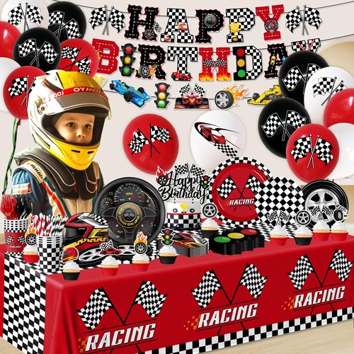 Race Car Birthday Party Decorations,185pcs Cars Birthday Decorations Plates and Napkins Cups Tablecloths,Cake Topper,Balloon for Racing birthday Decorations,Serves 24