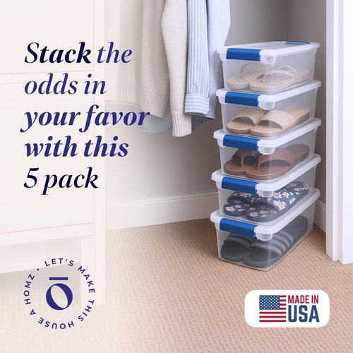 HOMZ Clear Plastic Storage Organizer Bins - 5-Pack 7.5 Quart with Blue Latch | Stackable Containers for Home & Garage
