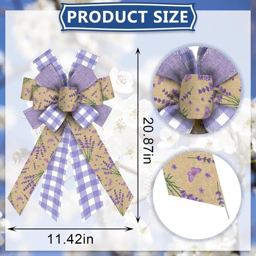 Glodecart Large Purple Lavender Burlap Plaid Flower Wreath Bow for Front Door, Wall, Party Decor, Spring Summer Decoration Supplies Ornament