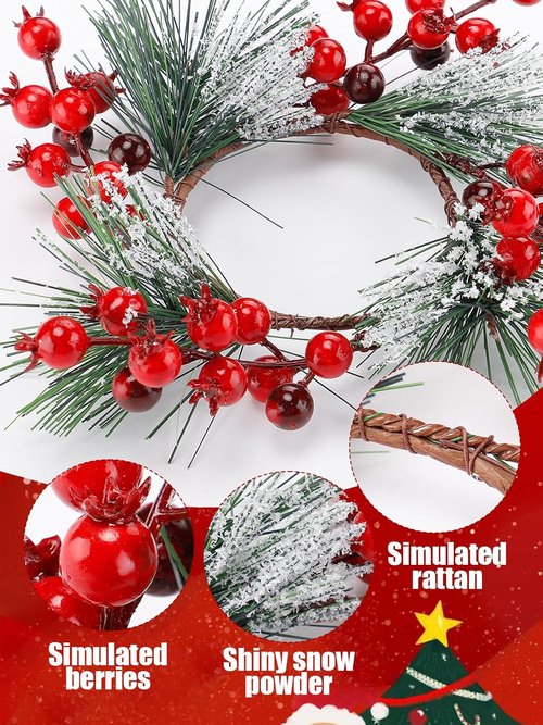 Christmas Candle Rings - Decorative Wreath Garland for 3" Pillar Candles | Red Berry Accents for Holiday Centerpieces