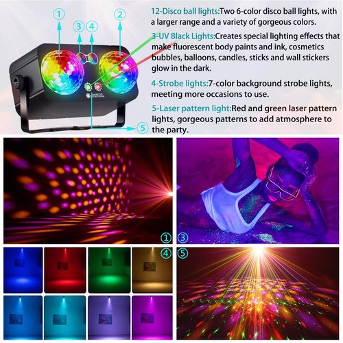 Megaboon DJ Party Disco Ball Light，Sound Activated 4 in 1 LED Lights and Strobe Pattern Light for Home Room Dance Parties Birthday Halloween Christmas Karaoke Wedding Show Club Decorations