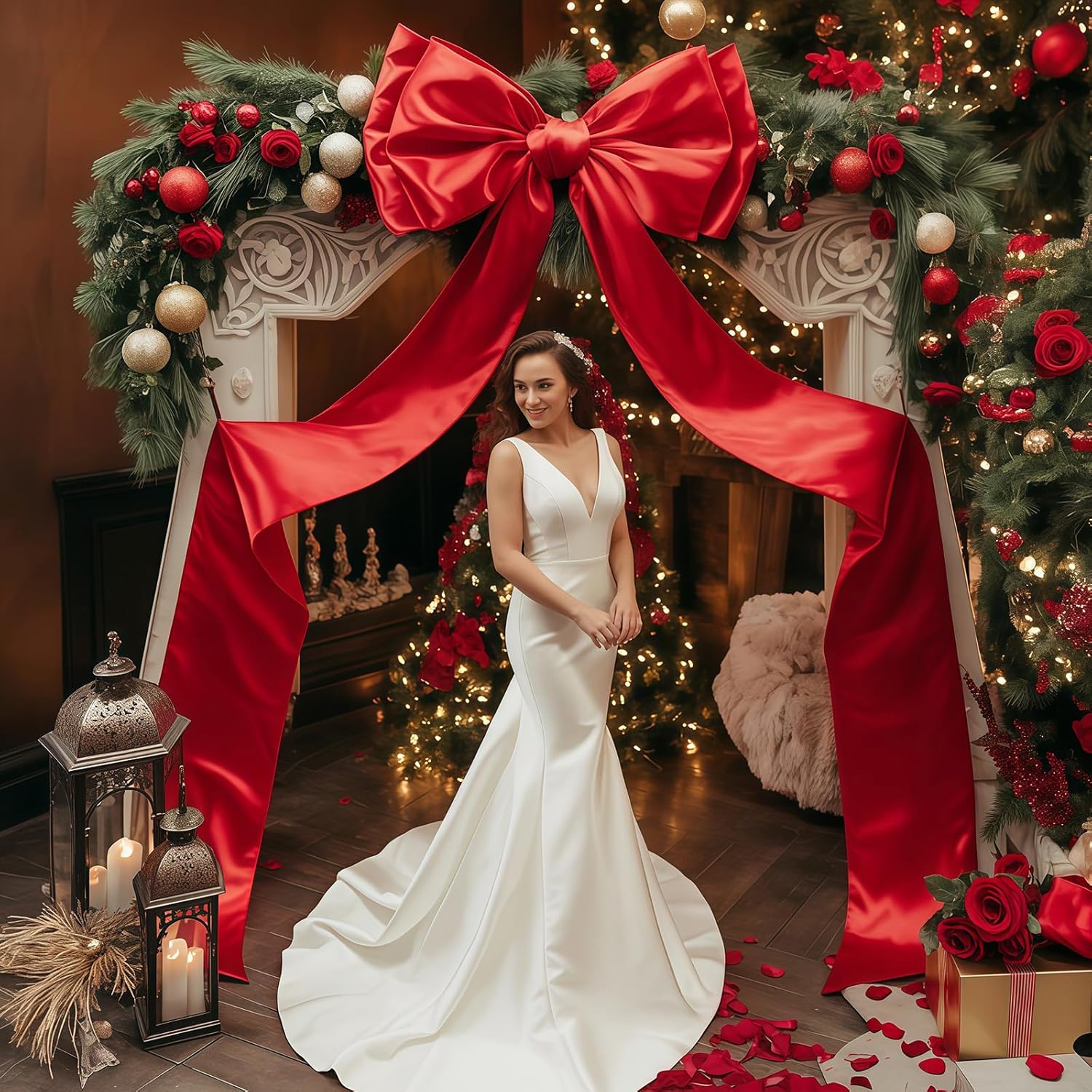 Skiennix Christmas Tree Topper Bow - Giant 75x19 Inch Red Satin Decor for Weddings & Parties