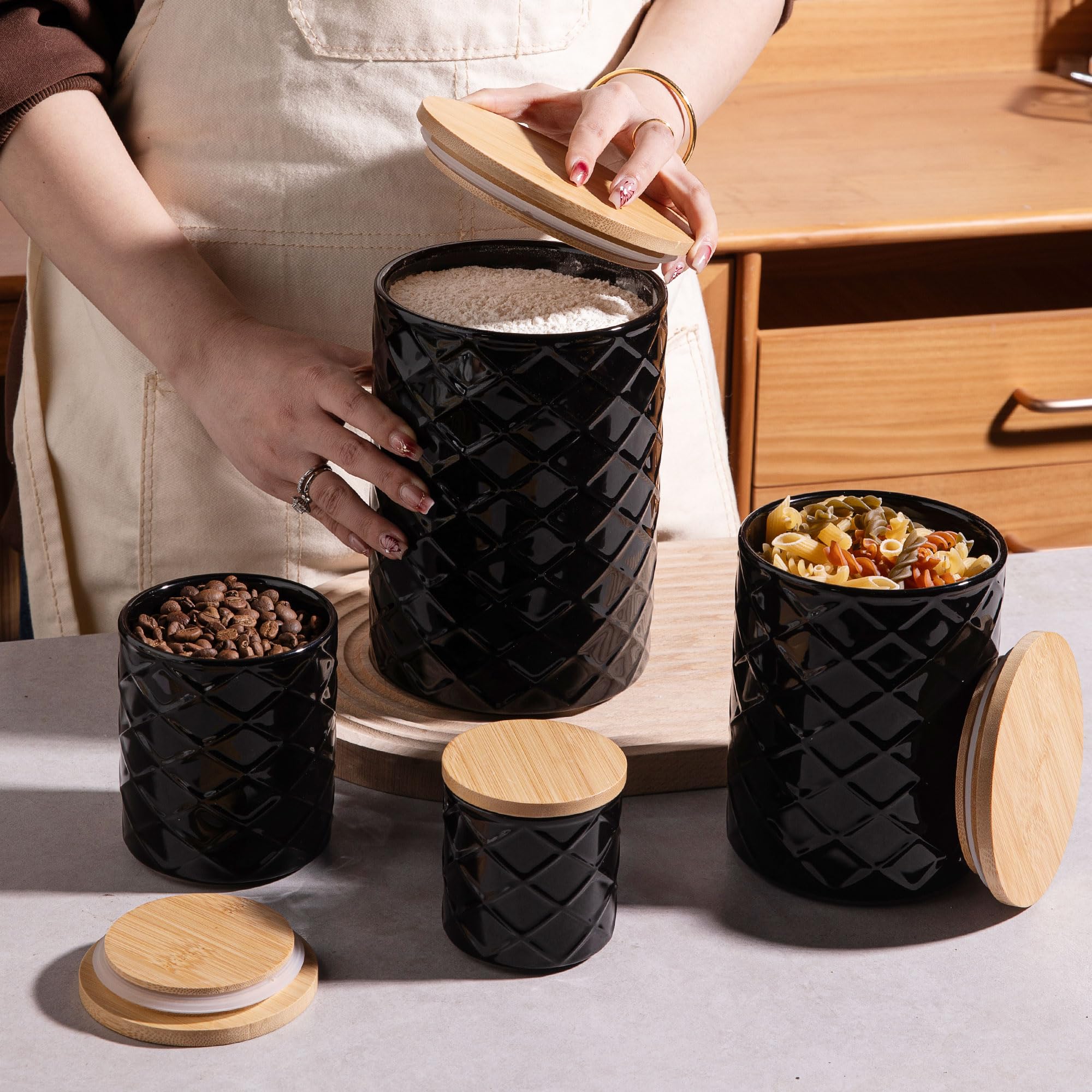 Sweejar Ceramic Canisters Sets for Kitchen Countertop, Relief Food Storage Jar with Bamboo Lid, Stackable Container for Flour, Coffee, Pasta, Cereal, Tea, Sugar, Spices, Pack of 4 (Walnut White)