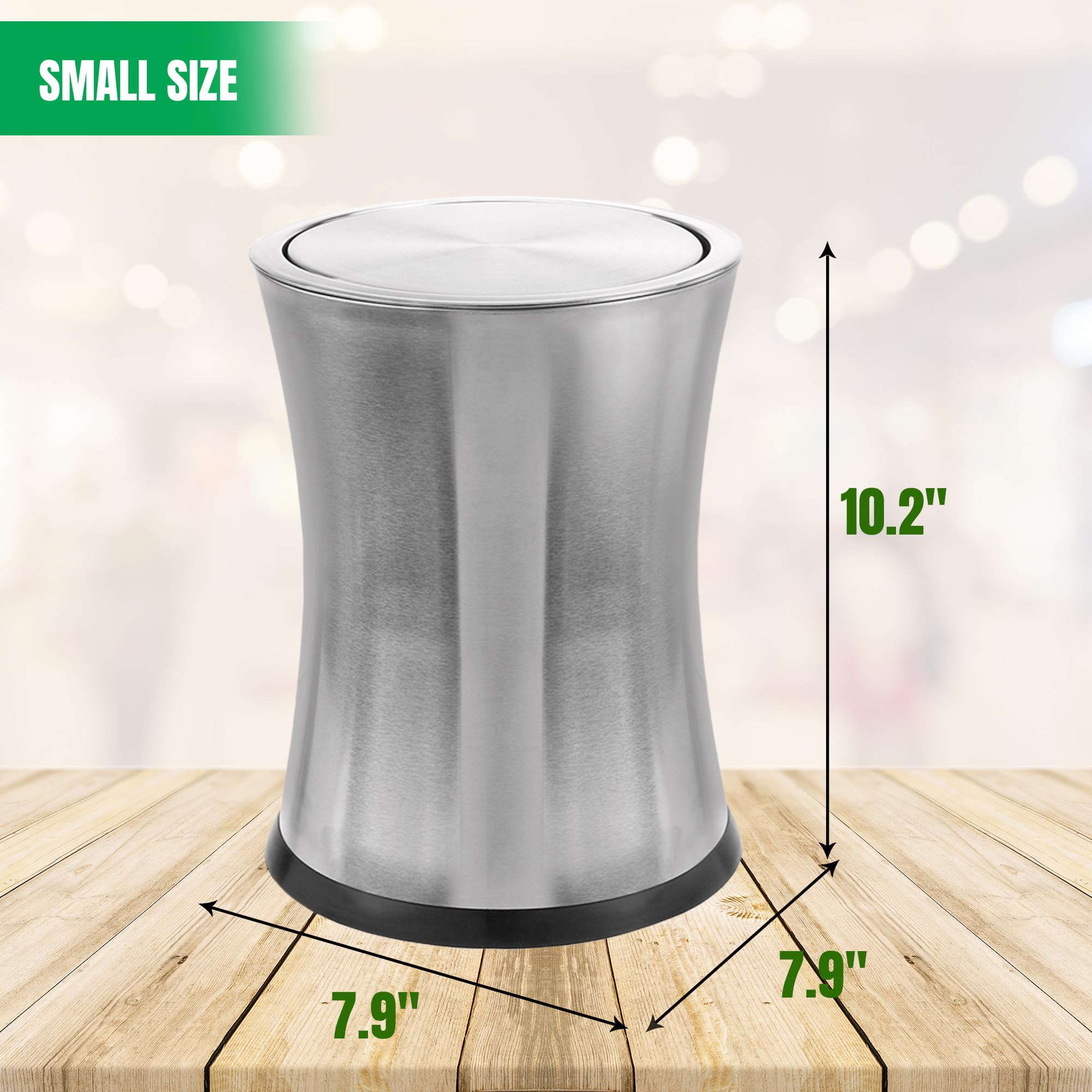 Bennett Swivel-A-Lid Small Trash Can, Stainless Steel Attractive 'Center-Inset' Designed Wastebasket, Modern Home Décor, Round Shape (Silver)