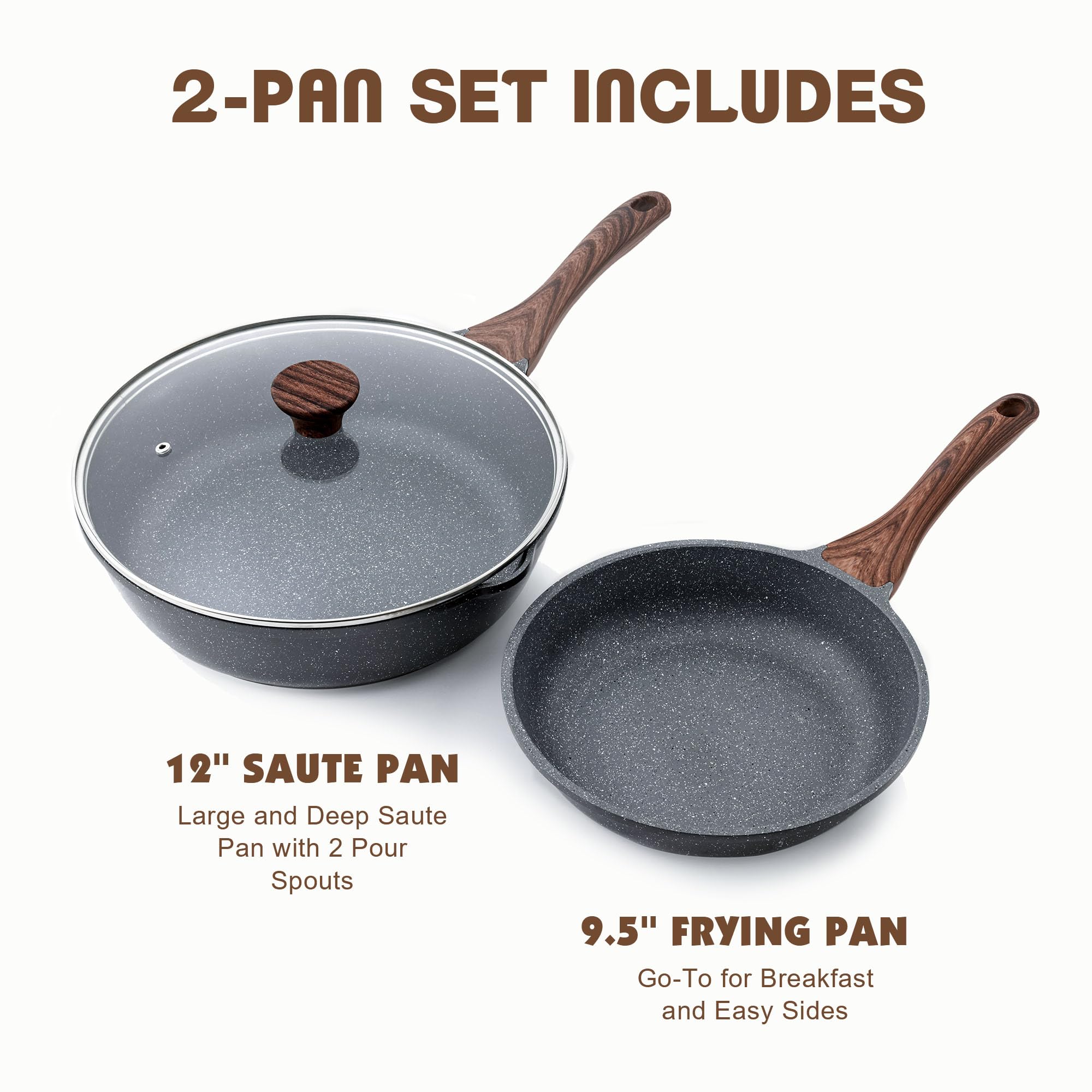 SENSARTE Nonstick Frying Pan Skillets, Swiss Granite Coating Omelette Pans, Healthy Cookware, Free of Intentionally Added PFOA (9.5 Inch Frying Pan and 5QT Saute Pan)