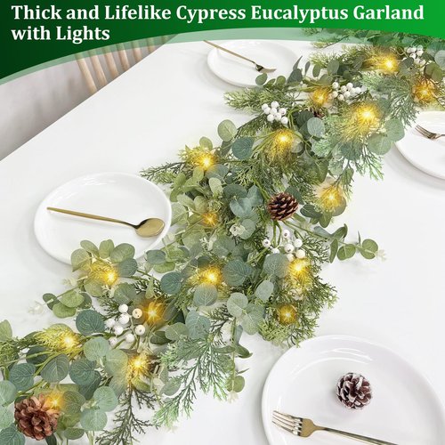 Prelit & Timer - 6 Ft Christmas Garland with Lights, Real Touch Cedar Garland Soft Bendable Thickness Eucalyptus Cypress Pine Garland with Pinecone Berry, Lighted Garlands for Mantle Table Stairs