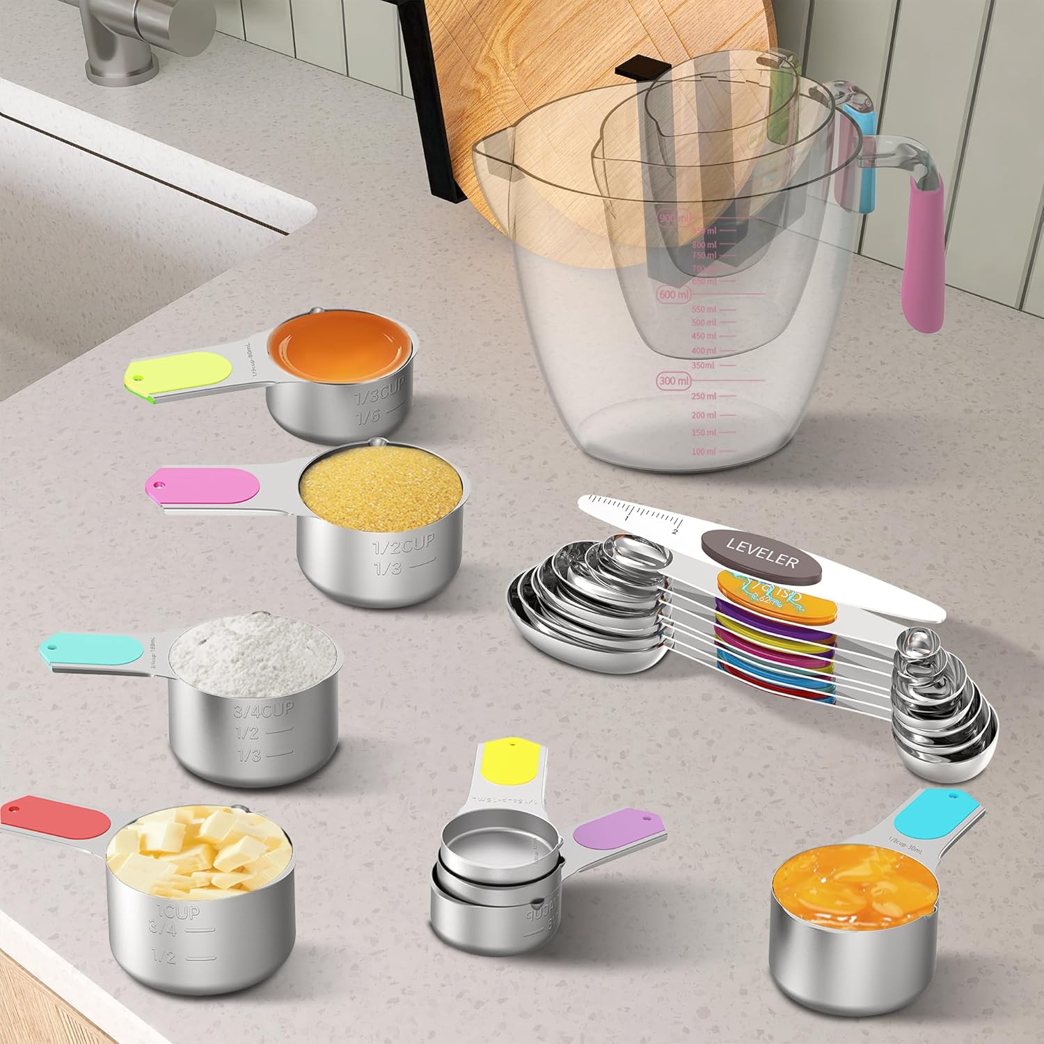 Skiennix Magnetic Measuring Cups & Spoons Set - 5 Stainless Steel Cups & 7 Magnetic Spoons for Accurate Measurements