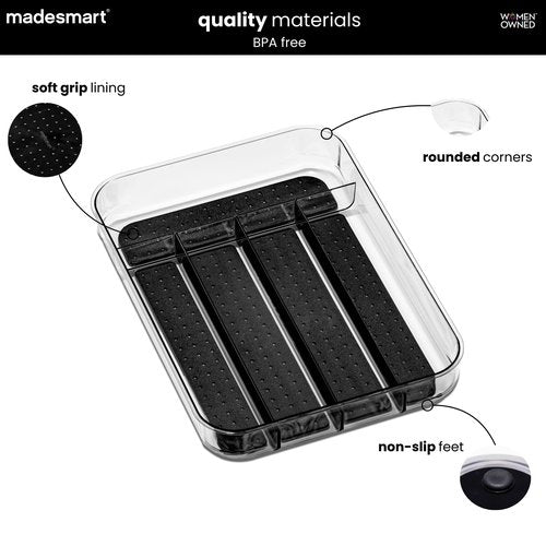madesmart Premium Small Clear Silverware Tray, 5 Compartment Flatware Organizer for Forks, Knives & Spoons, Non Slip Base, Carbon