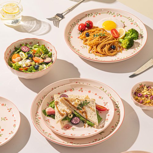 FANGJING 16-Piece Dinnerware Set for 4, Ceramic Plates and Bowls Sets, Microwave & Dishwasher Safe Dish Sets for Daily Use & Gifting, with Spring Peach Blossom Pattern