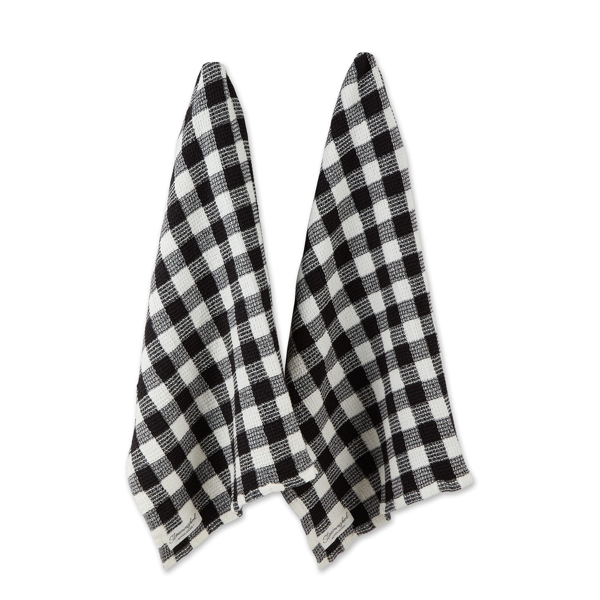 DII Washed Waffle Weave Collection, Dishtowel Set, 18x28, Dusty Blue Check, 2 Piece