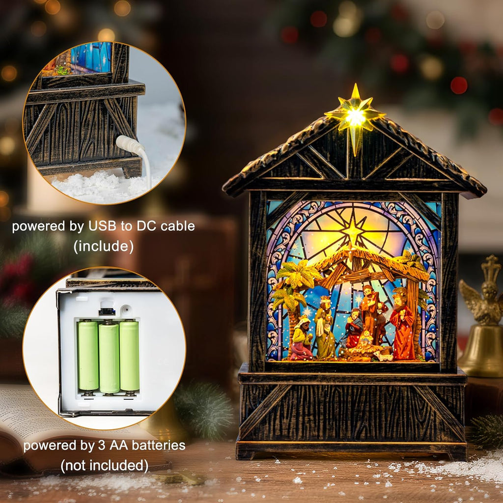 Regine Switzerland Christmas Snow Globe Lantern - Musical Nativity Scene Decor | 6-Hour Timer, USB/Battery Operated