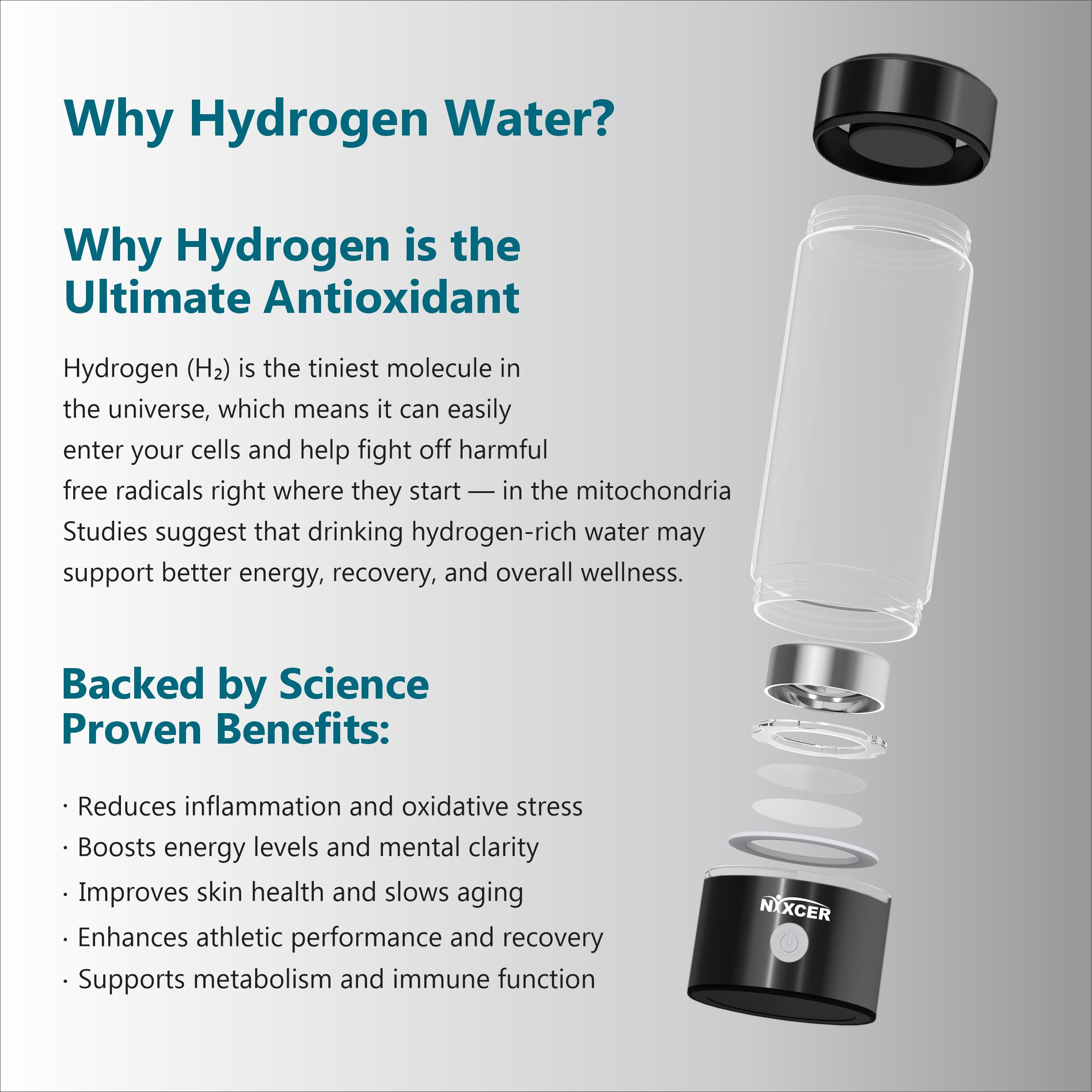 Nixcer Hydrogen Water Bottle Generator - 3 Min SPE PEM Tech, 2026 Model, 420ML Portable Hydro Water Bottle Machine for Travel, Wellness & Recovery, Ideal for Kids, Men & Women (Black)