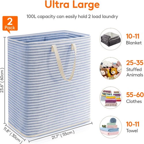 Lifewit Laundry Basket - 100L Collapsible Hamper with Reinforced Handles | Waterproof Design, Blue