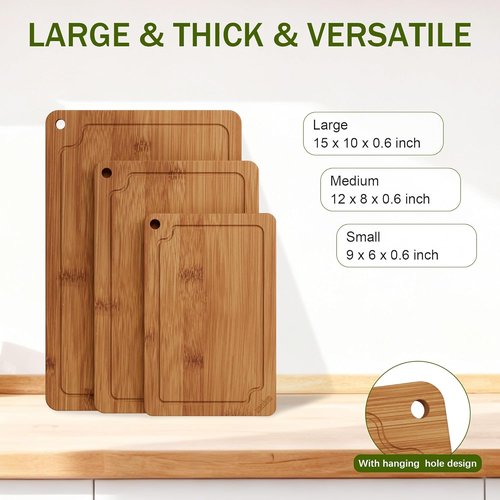 Bamboo Cutting Boards - Set of 3 with Juice Grooves & Built-in Handles | Ideal for Meat, Vegetables, Fruits