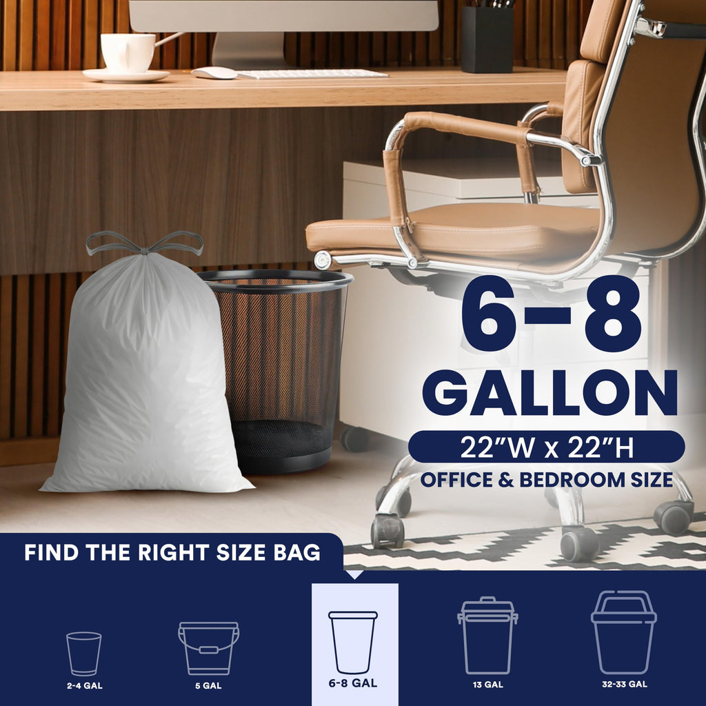 Plasticplace 8 Gallon Trash Bags -White Drawstring Garbage Can Liners - 200 Count - Leak-Resistant and Tear-Proof for Kitchen, Bathroom, Office, and Small Trash Cans 0.7 Mil
