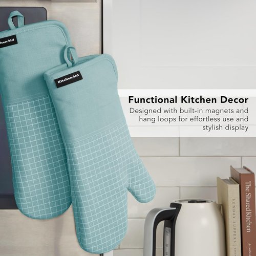 KitchenAid Gourmet Series Oven Mitts - Heat Resistant Up to 600°F, Soft Silicone Grip, Aqua | 2-Pack Set