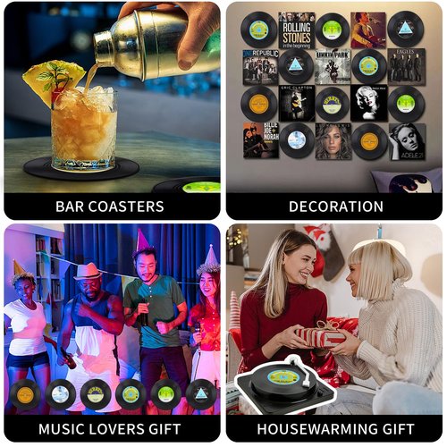 Funny Retro Record Coasters for Drinks with Vinyl Player Holder for Music Lovers,Set of 6 Conversation Piece Sayings Drink Coaster,Housewarming Hostess Wedding Registry Gift Ideas