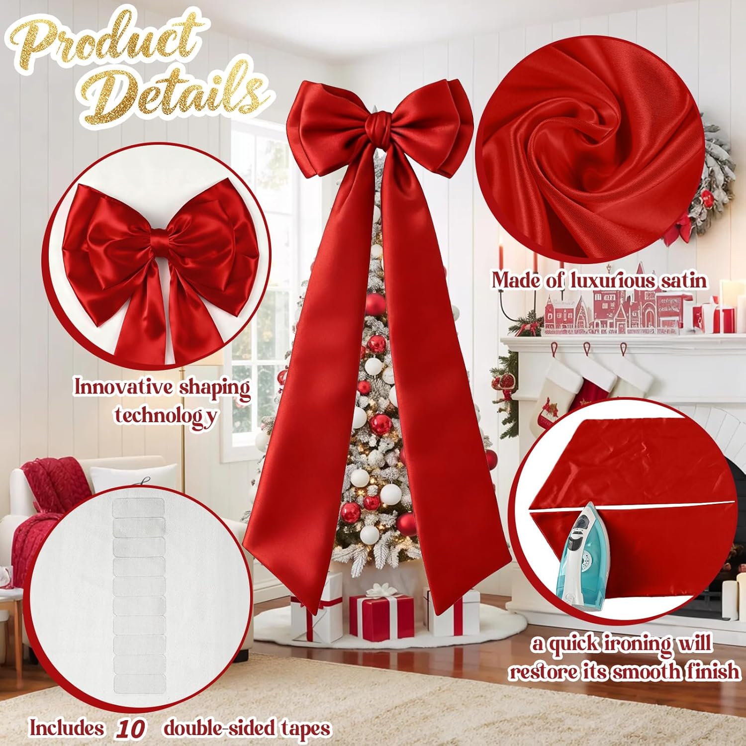 Skiennix Christmas Tree Topper Bow - Giant 75x19 Inch Red Satin Decor for Weddings & Parties