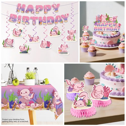 Xynic Axolotl Birthday Decorations Pink Axolotl Party Decorations Cake Cupcake Topper Balloons Banner Plates and Napkins Table Cloth Axolotl Party Supplies for Girls Cartoon Fun Animal Party