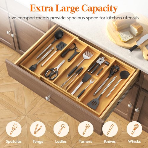 Lifewit Utensil Organizer - Expandable Kitchen Drawer Tray for Cutlery & Flatware | Natural Wood, 15.6-28 x 18.5