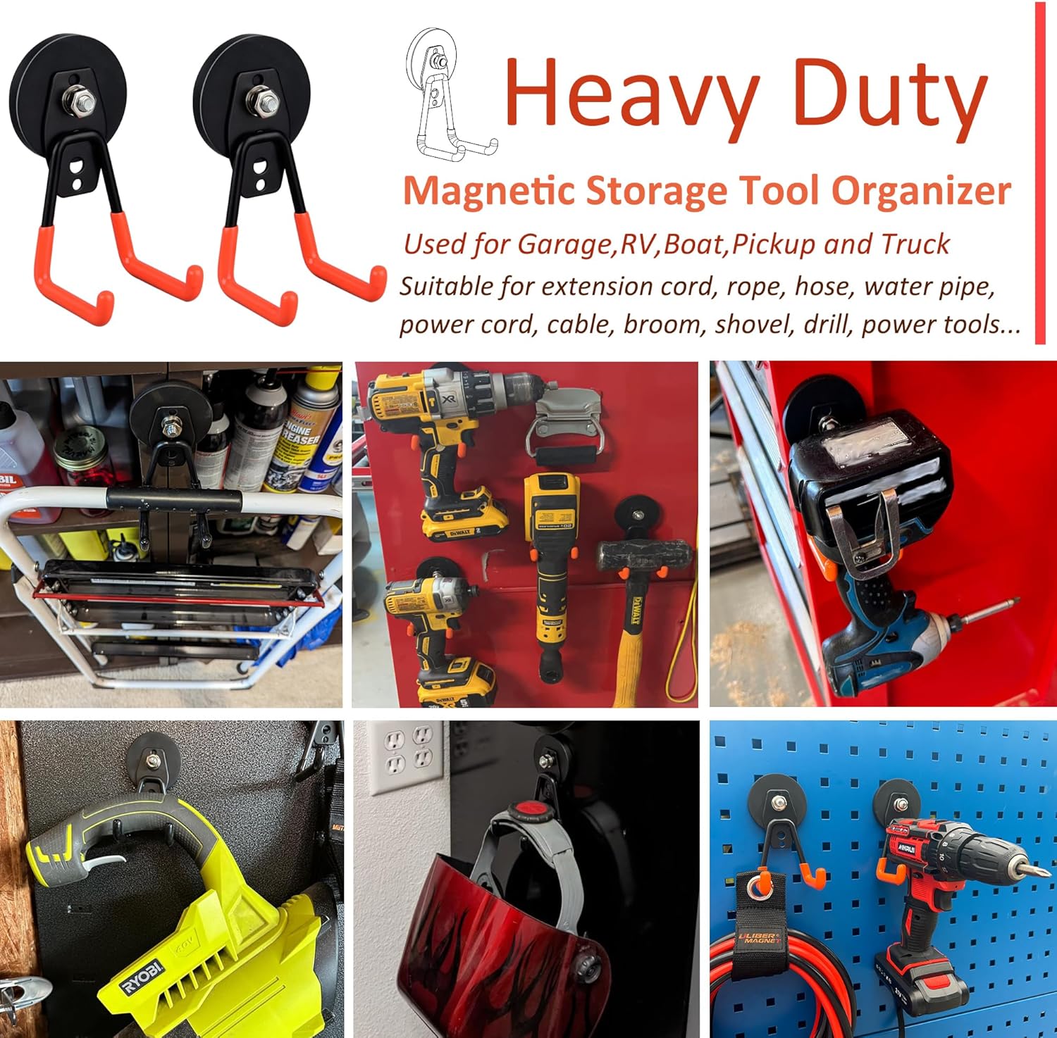 ULIBERMAGNET Heavy Duty Magnetic Garage Hooks - 10 Pack Strong Hooks for Tools & Storage | Orange