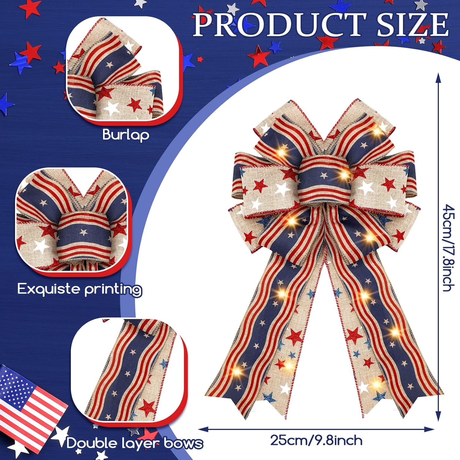 Regine Switzerland Patriotic Lighted Wreath Bow - Large Red, White & Blue 4th of July Decoration