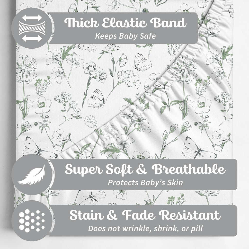 Skiennix Fitted Baby Crib Sheets - Buttery Soft Organic Cotton Blend - 2 Pack in Butterfly Garden Design