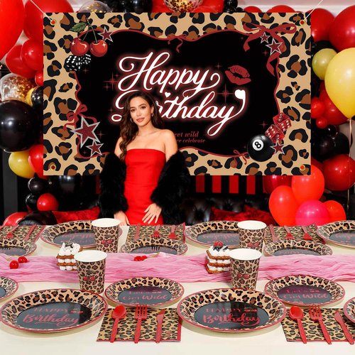 Red Cheetah Print Birthday Party Decorations Plates Set 25 Guests,175pcs Plates Napkins Cups Cutlery Set, Y2K Cherry Leopard Print for Girls Night Big Mama Women