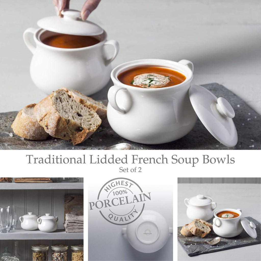 WM Bartleet & Sons 1750 TSET118 Traditional Porcelain Set of 2 Lidded Individual French Onion Soup and Stew Bowl with Handles 500ml – White