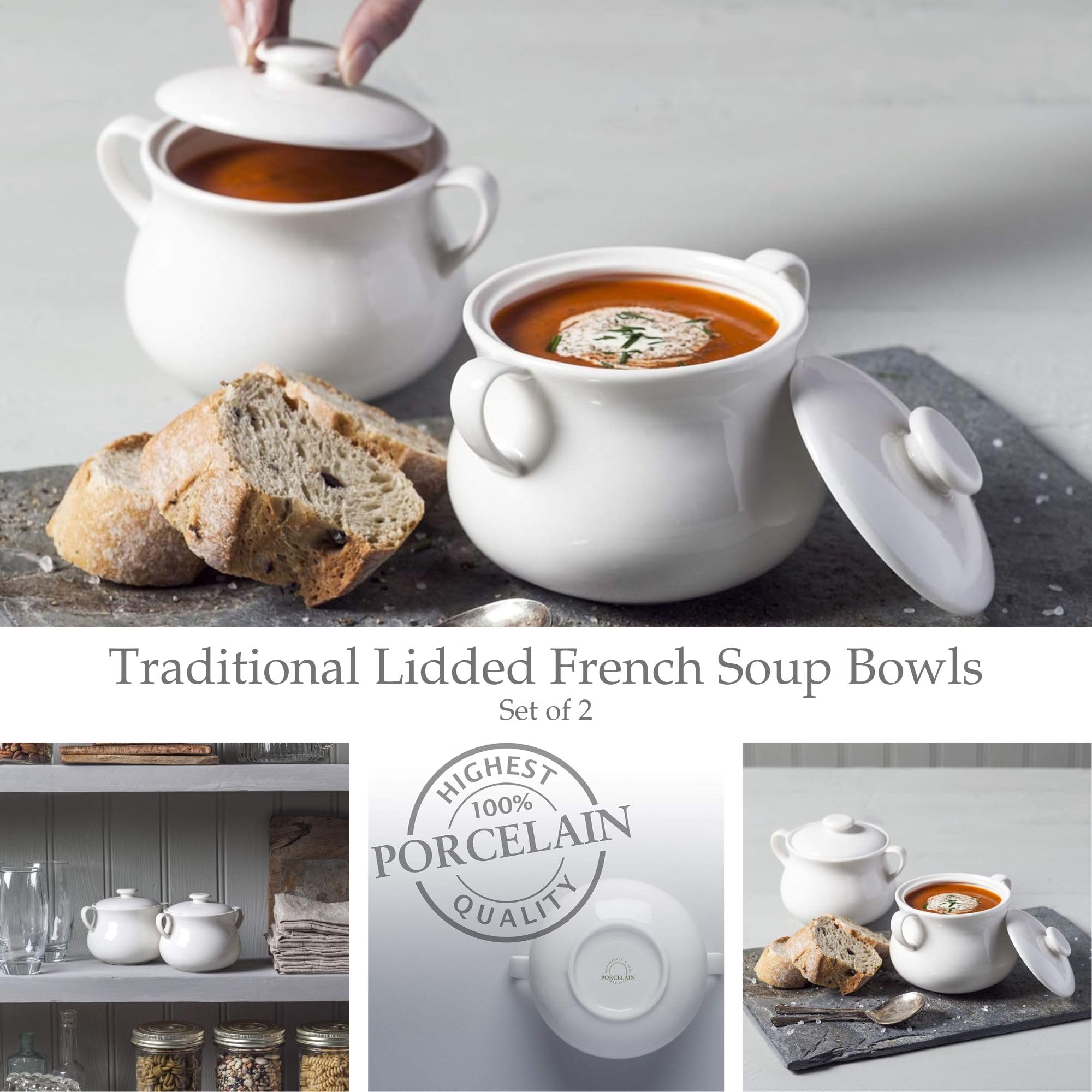 WM Bartleet & Sons 1750 TSET118 Traditional Porcelain Set of 2 Lidded Individual French Onion Soup and Stew Bowl with Handles 500ml – White