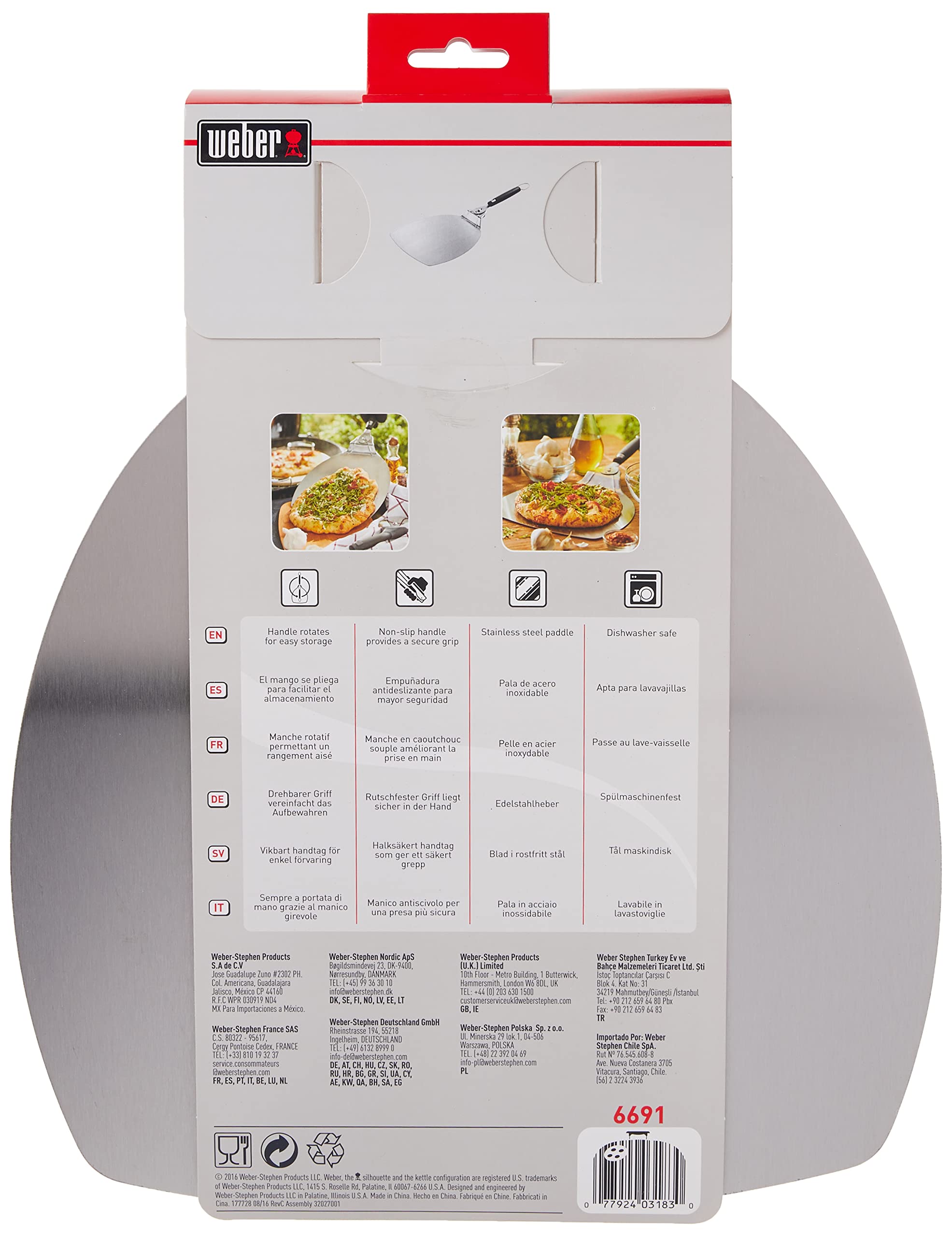 Weber Original Pizza Paddle – Stainless Steel Pizza Peel with Rotating Handle, Supports 12-Inch Pizzas up to 2.5 lbs, No‑Slip Grip & Hanging Loop