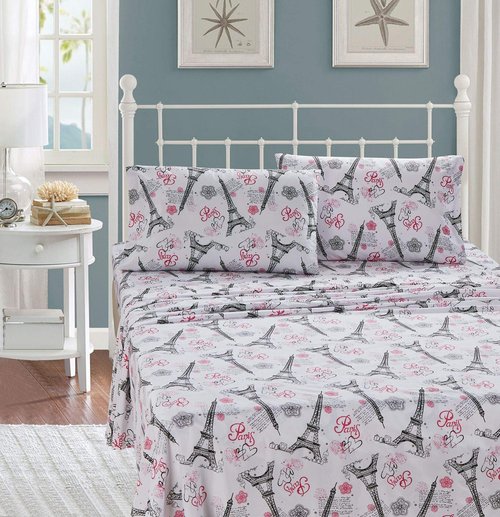 Kids Zone Home Collection Sheet Set Girls/Teens Paris Eiffel Tower Hearts Flowers White Pink Black Pink/White New # Flatscreen Paris (White, Twin)