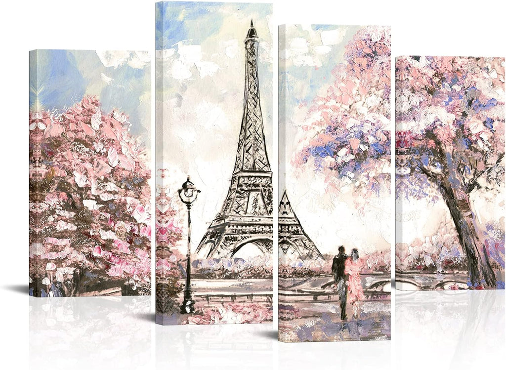Visual Art Decor Pink Eiffel Tower Wall Art - Romantic Paris Landscape for Living Room | Framed 34"x48"