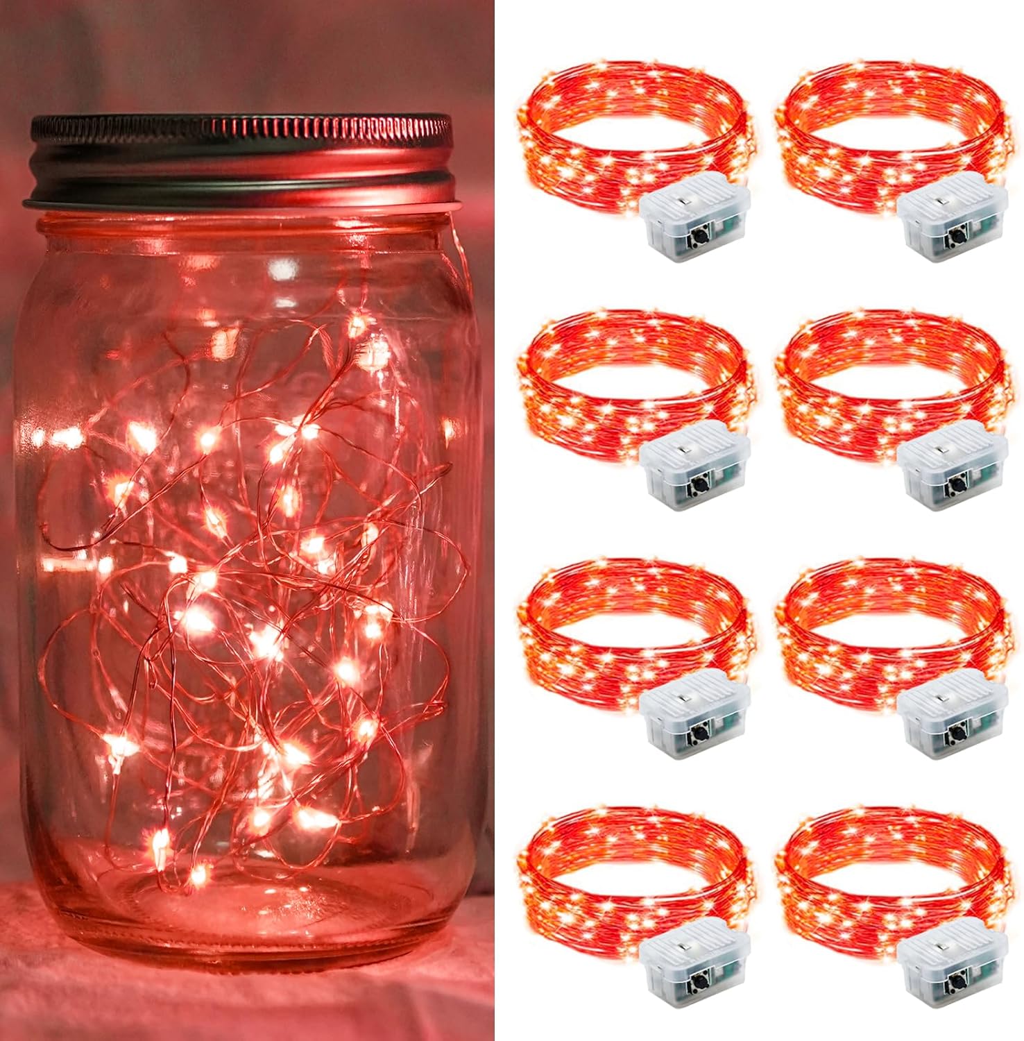 Skiennix 8-Pack Red Fairy Lights - 7Ft 20 LED Twinkle String Lights | Battery Operated & Waterproof for Parties, Holidays, and Decor