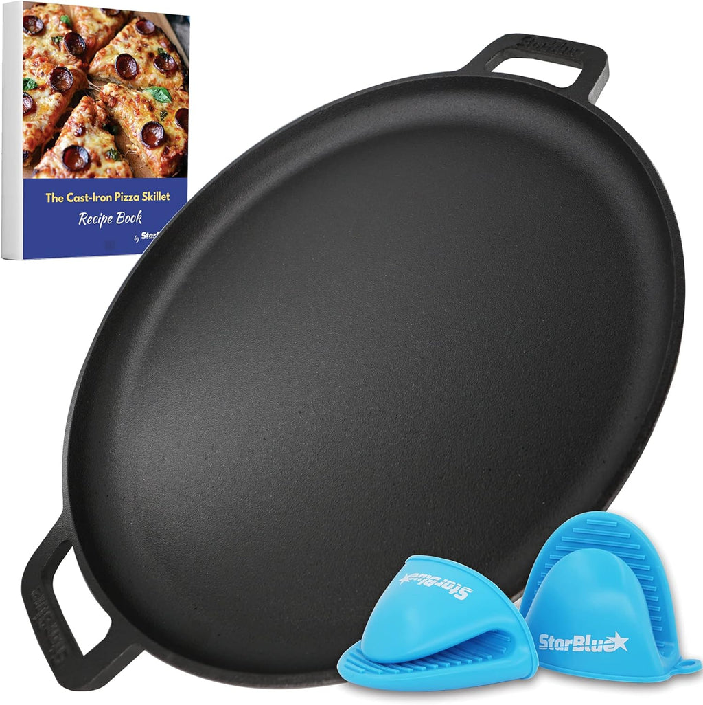 StarBlue 16-Inch Cast Iron Pizza Pan - Pre-Seasoned Griddle with Free Silicone Handles & Recipe Ebook | Perfect for Baking, BBQ, and Stovetop Cooking