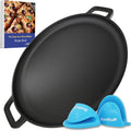 StarBlue 16-Inch Cast Iron Pizza Pan - Pre-Seasoned Griddle with Free Silicone Handles & Recipe Ebook | Perfect for Baking, BBQ, and Stovetop Cooking
