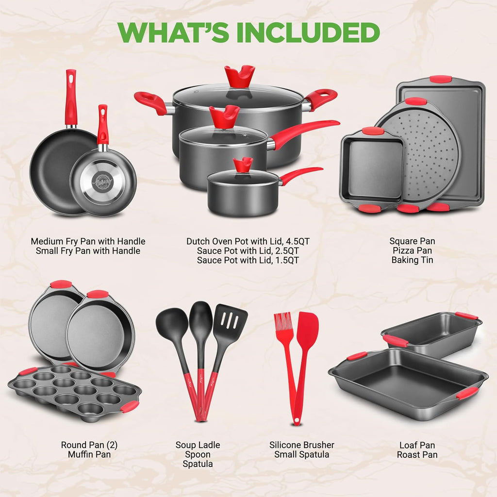 NutriChef 21-Piece Nonstick Cookware Set - Heat Resistant & PTFE/PFOA Free | Includes Pots, Pans & Bakeware